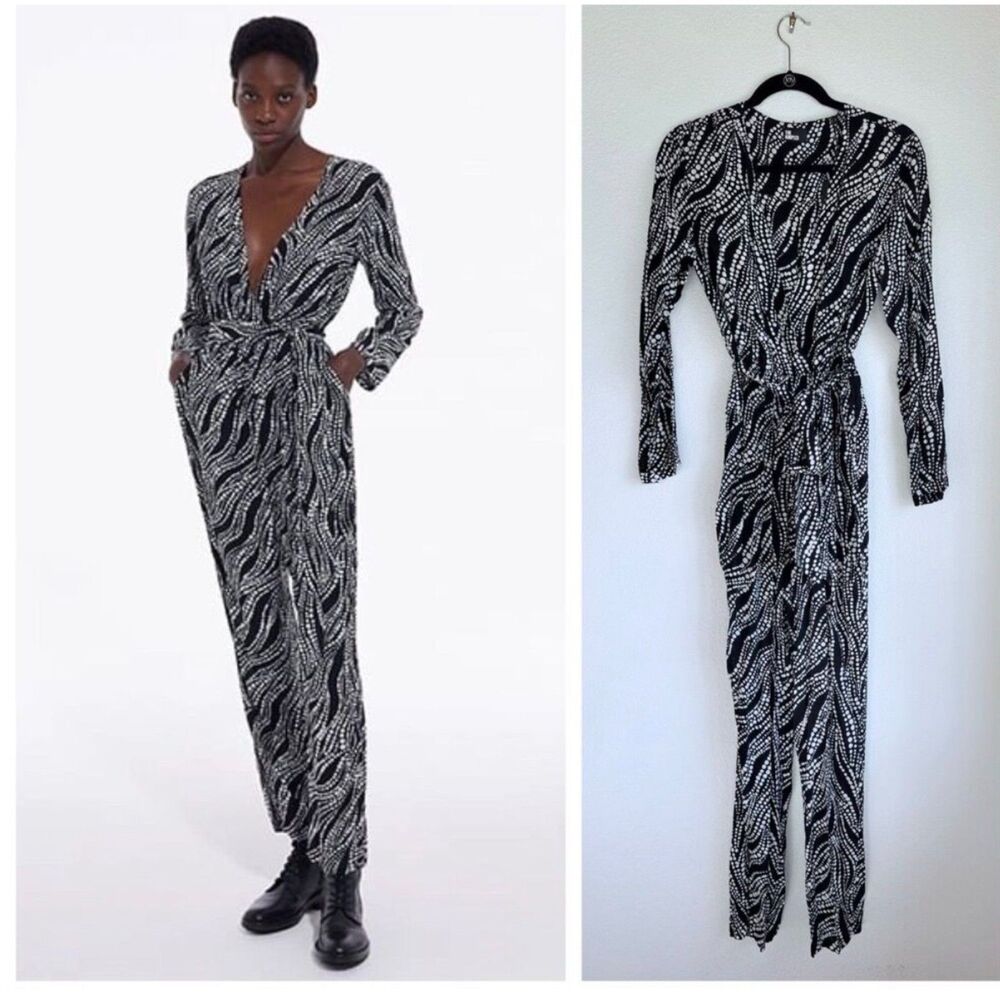 The Kooples Black White Pearl Print Jumpsuit Plunging V-Neck Belted NWT S